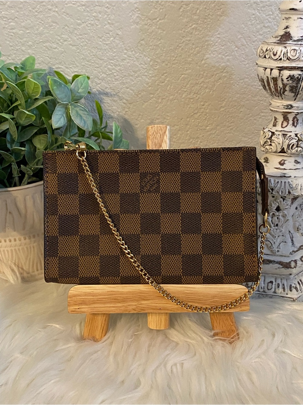 Louis Vuitton Damier Ebene Zip Chain Wristlet / Pouch